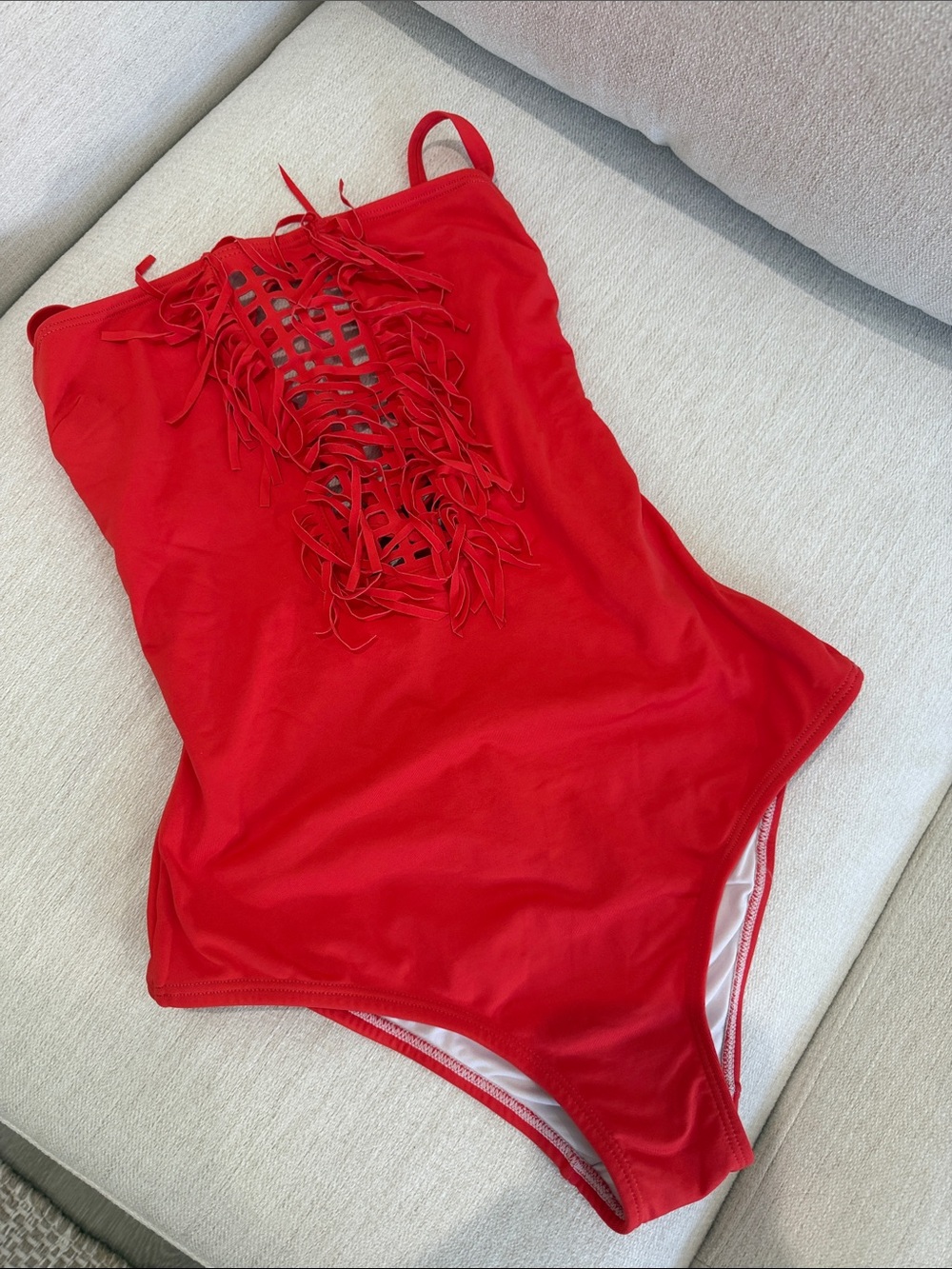 Red One-Piece Swimsuit with Fringed Front